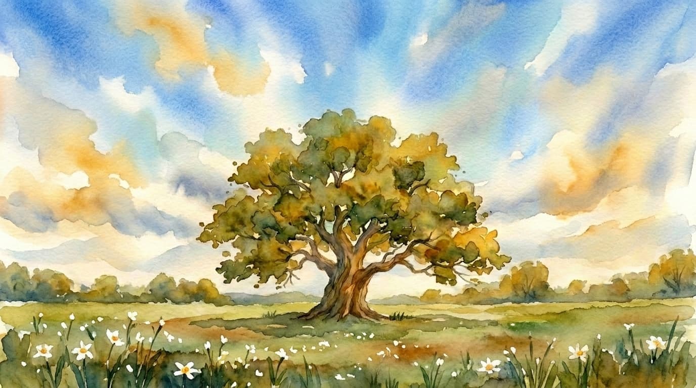 Watercolour oak tree standing in a meadow of wildflowers
